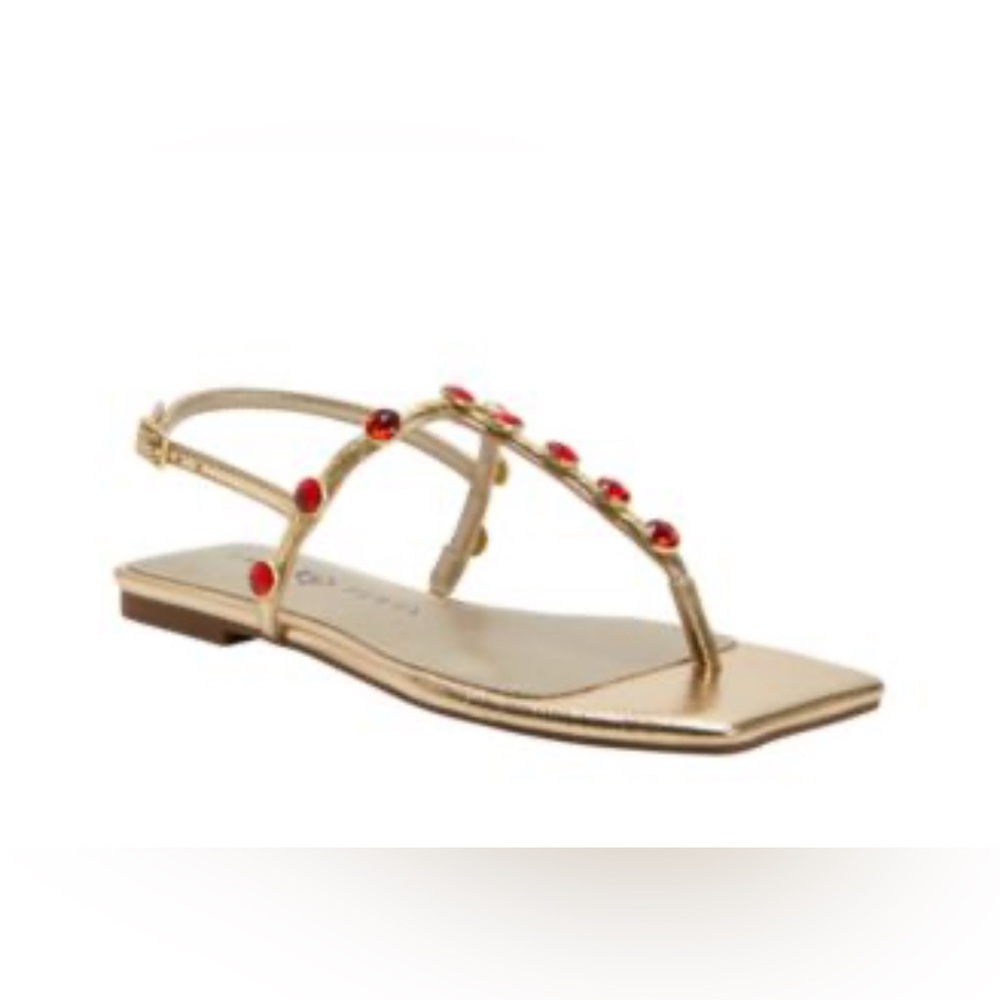 Katy Perry The Gold Metallic Camie Flat Sandal with Red Gemstones.  7M       NWT